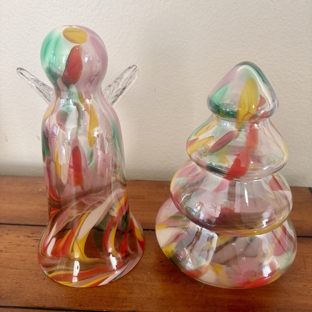 Zorza Polish Hand Blown Millefiori Splash Glass Tree & Angel 14" Set  Colorful